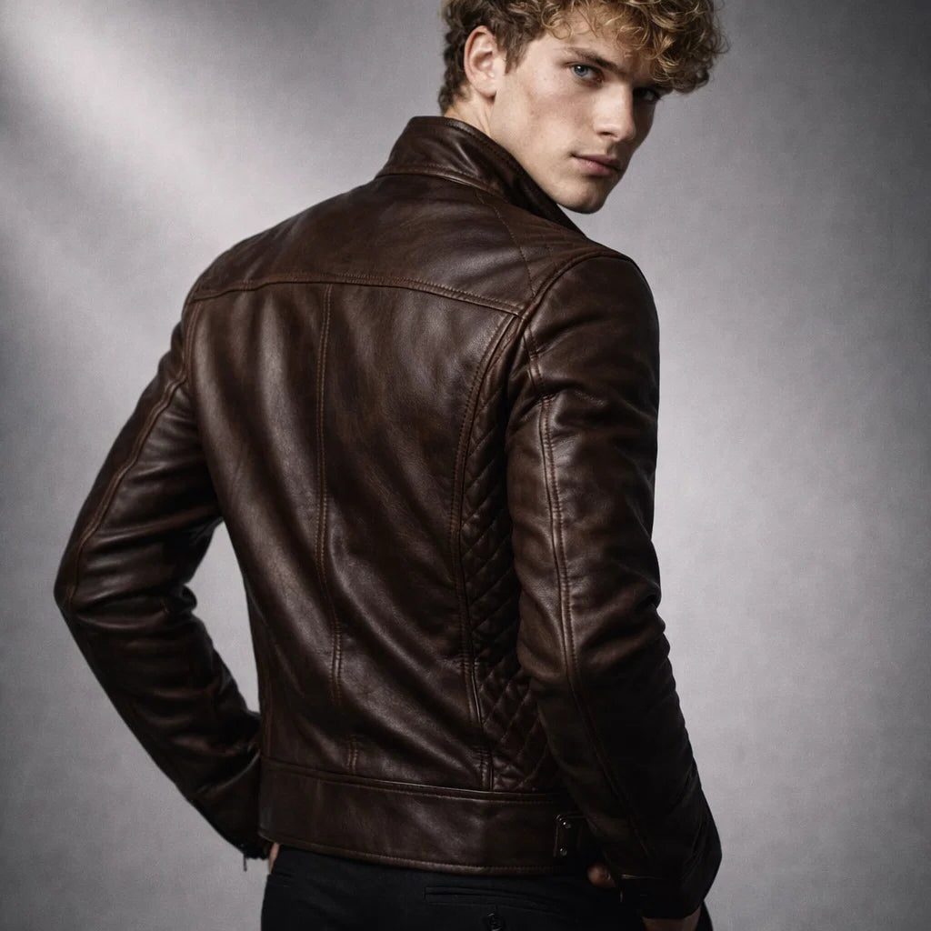 Slim Fit Stand Collar Biker Leather Jacket with Zip Pockets for Men - View 4