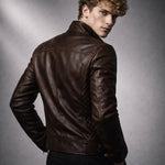 Slim Fit Stand Collar Biker Leather Jacket with Zip Pockets for Men - View 4