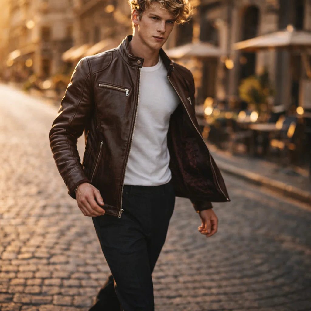 Slim Fit Stand Collar Biker Leather Jacket with Zip Pockets for Men - View 5