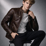 Slim Fit Stand Collar Biker Leather Jacket with Zip Pockets for Men - View 6