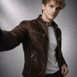 Slim Fit Stand Collar Biker Leather Jacket with Zip Pockets for Men - View 8