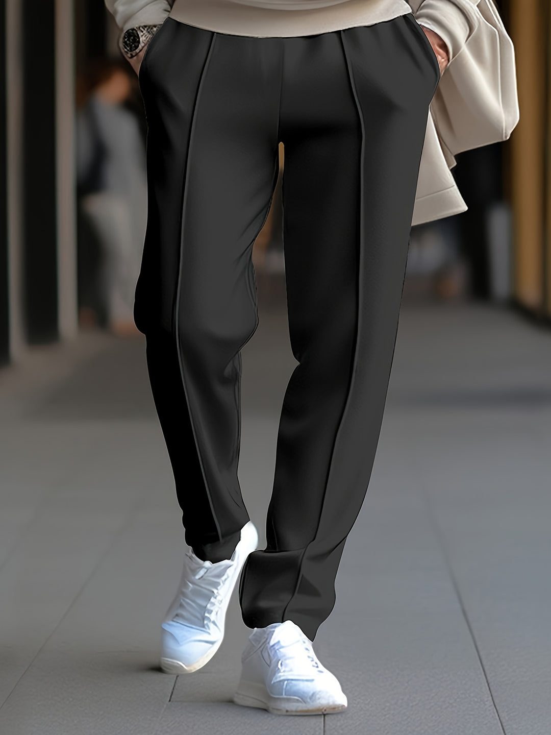 Slim Fit Tapered Drawstring Waist Trousers with Front Seam for Men