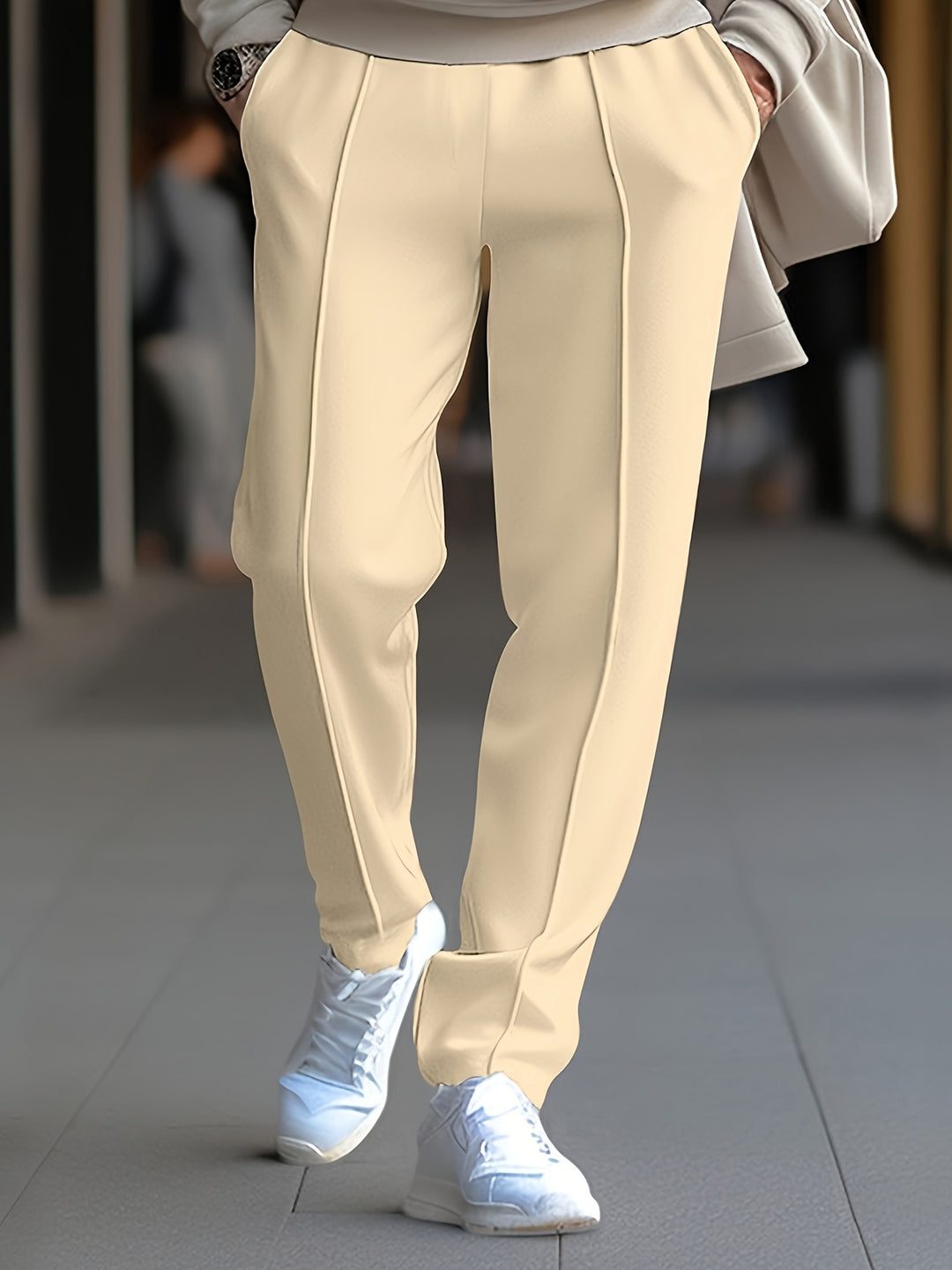 Slim Fit Tapered Drawstring Waist Trousers with Front Seam for Men - Khaki