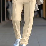 Slim Fit Tapered Drawstring Waist Trousers with Front Seam for Men - Khaki