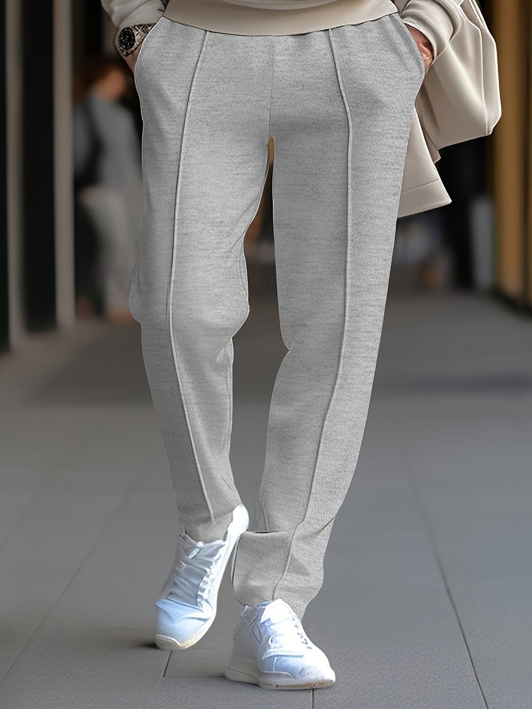 Slim Fit Tapered Drawstring Waist Trousers with Front Seam for Men - Gray
