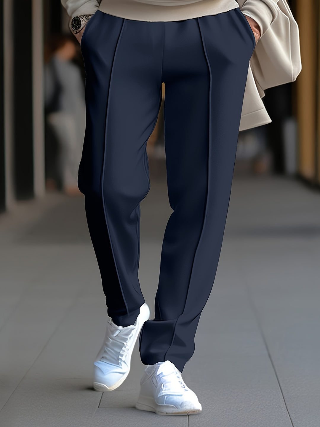 Slim Fit Tapered Drawstring Waist Trousers with Front Seam for Men - Navy