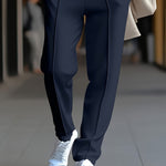 Slim Fit Tapered Drawstring Waist Trousers with Front Seam for Men - Navy