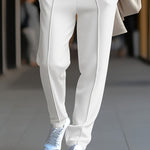 Slim Fit Tapered Drawstring Waist Trousers with Front Seam for Men - White