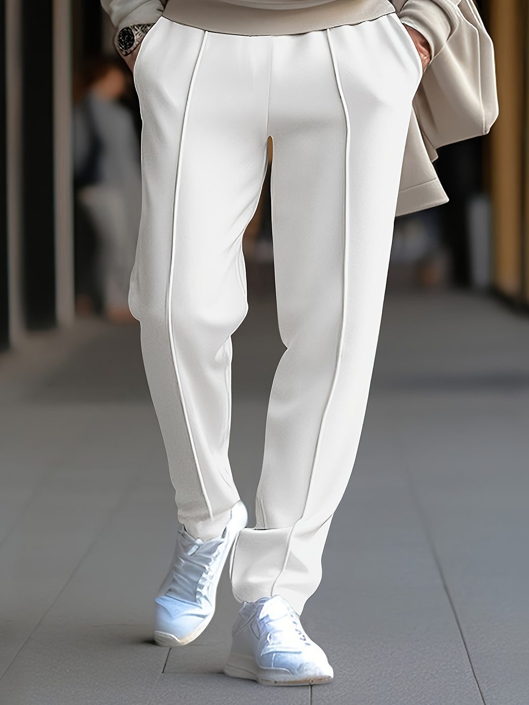 Slim Fit Tapered Drawstring Waist Trousers with Front Seam for Men - White
