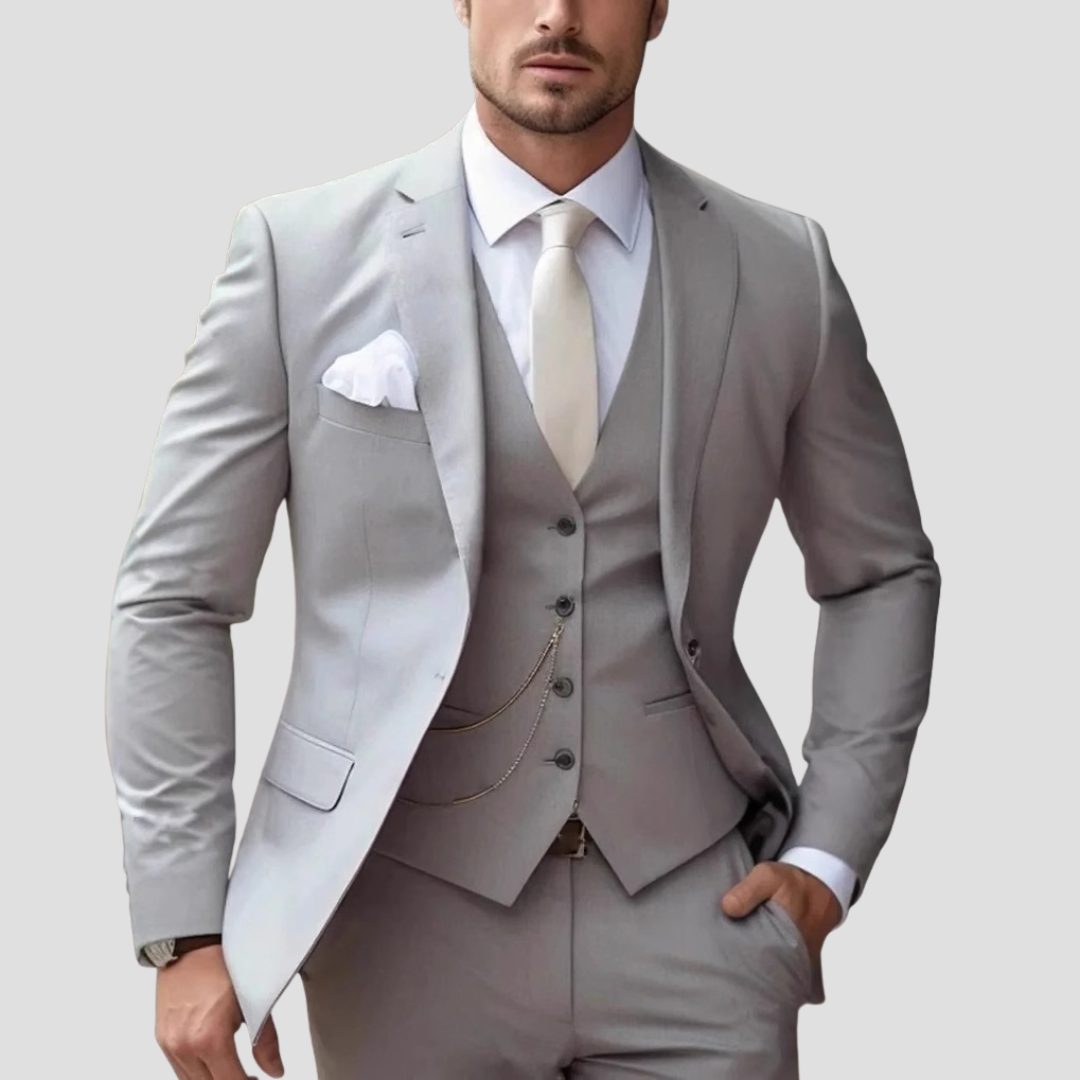 Slim Fit Three Piece Suit Set for Men - Light Grey