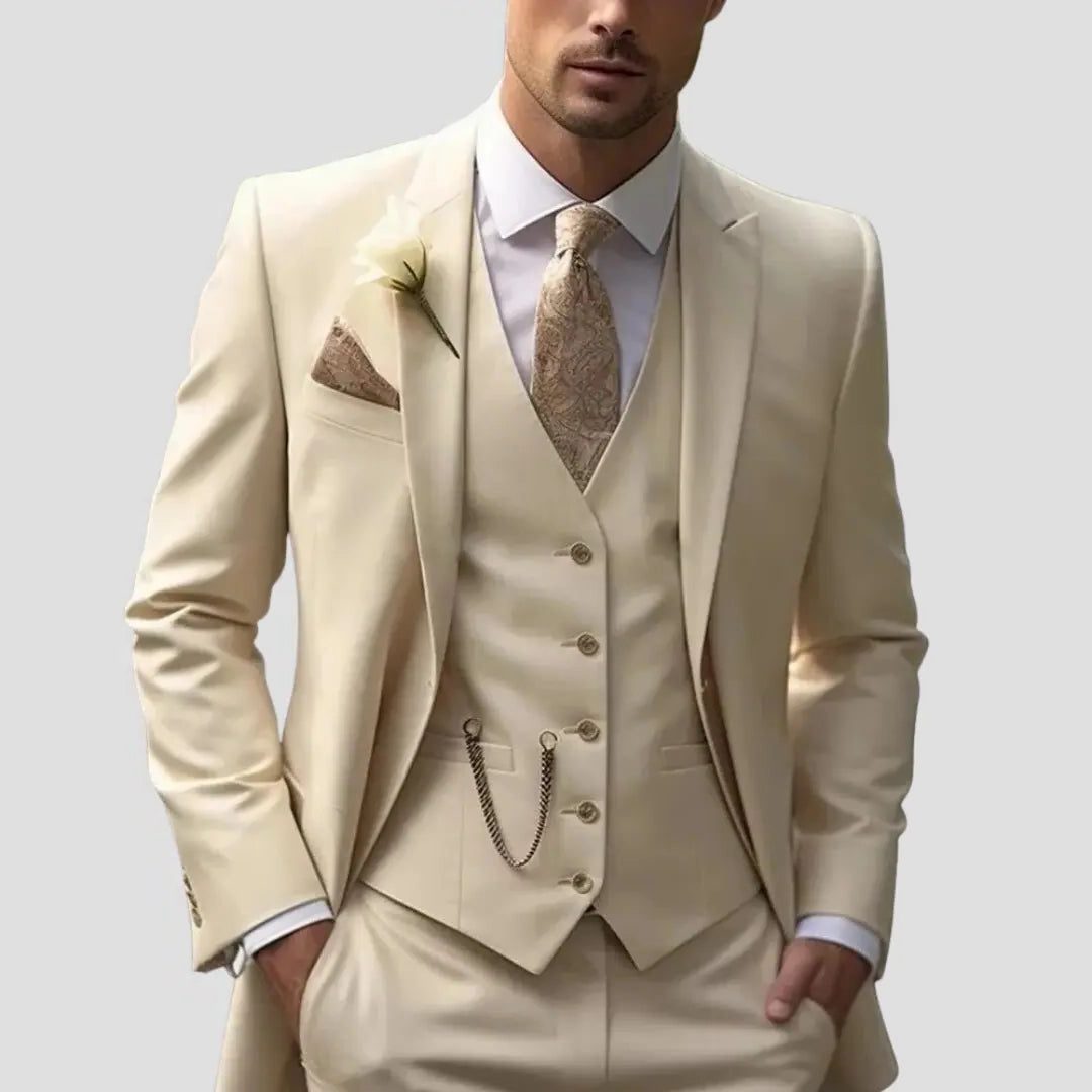 Slim Fit Three-Piece Wedding Suit Set for Men - Beige