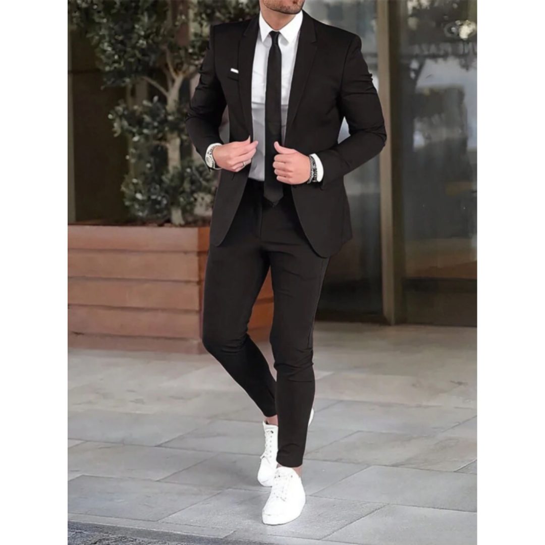 Slim Fit Two-Piece Suit Set for Men - Black