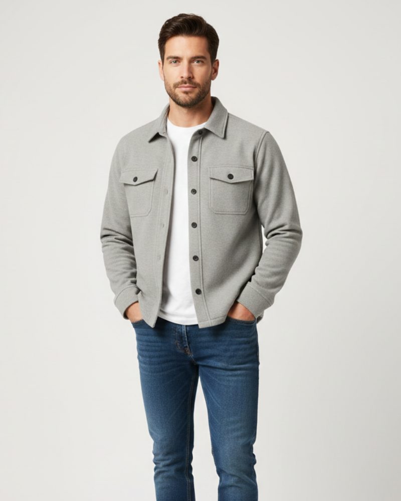 Spread Collar Long Sleeve Shirt Jacket with Flap Pockets for Men - Gray