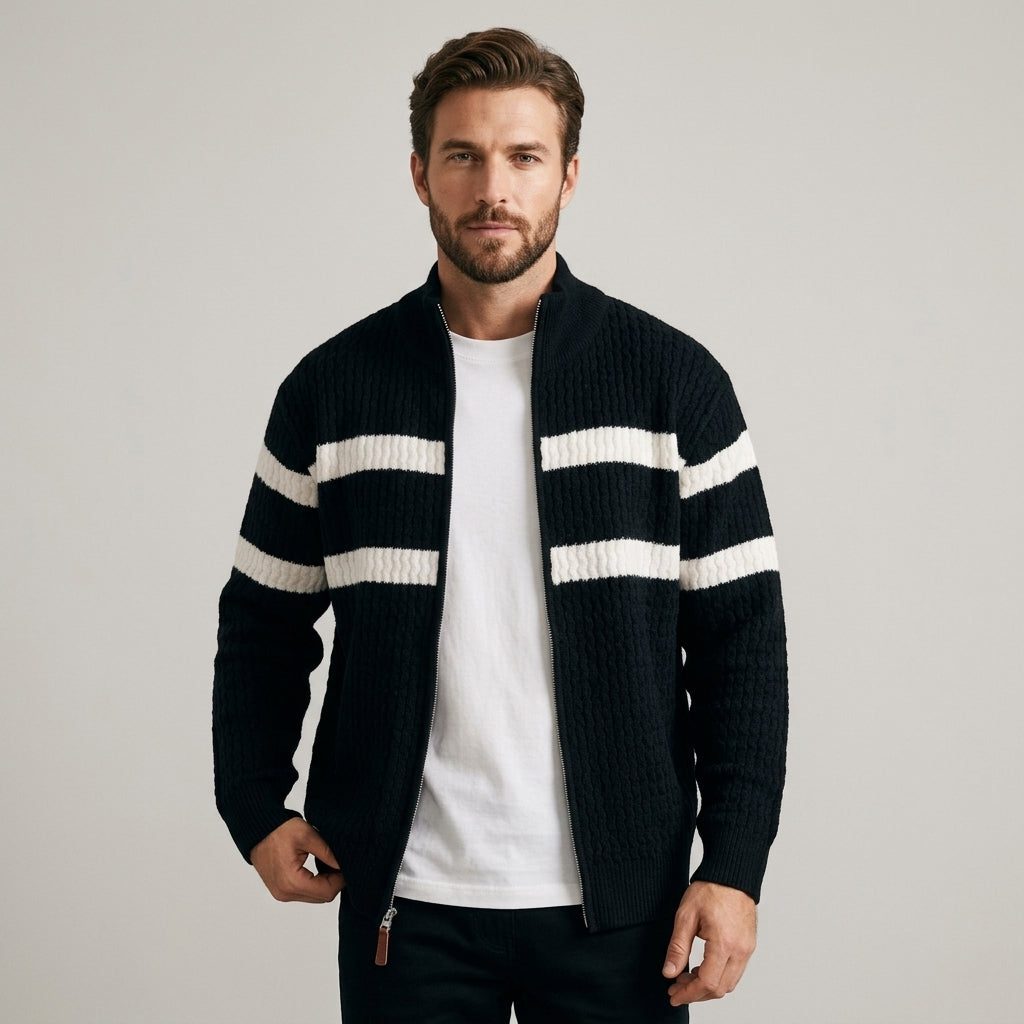 Stand Collar Cable Knit Full-Zip Cardigan Sweater for Men - Charcoal