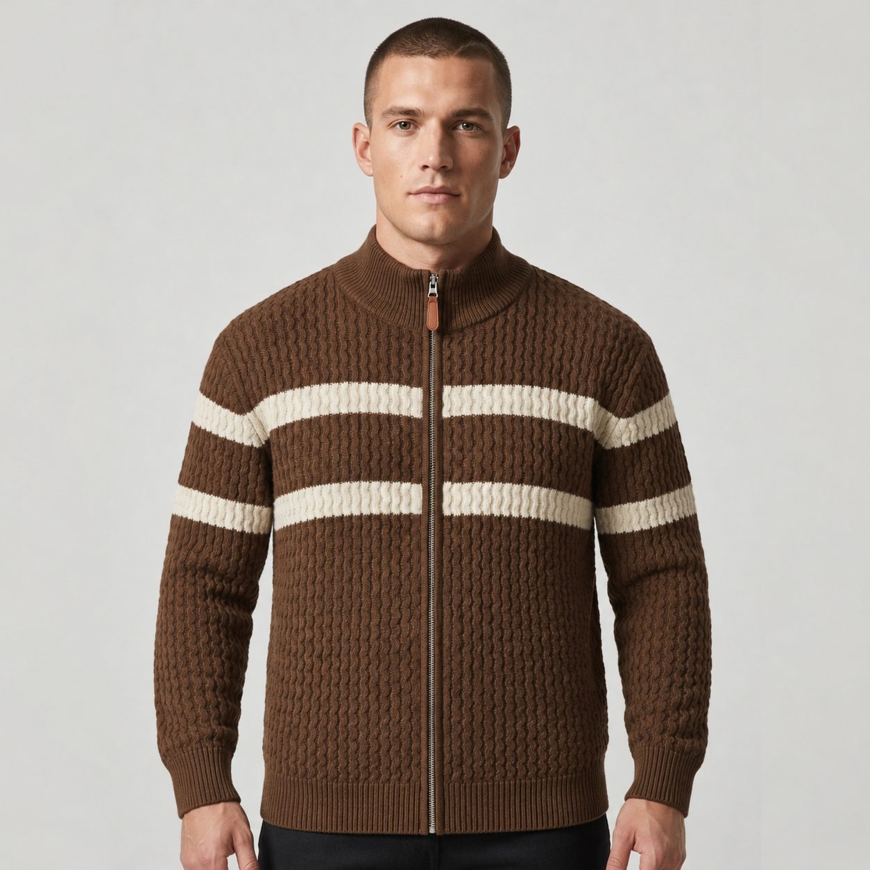 Stand Collar Cable Knit Full-Zip Cardigan Sweater for Men - Espresso Brown