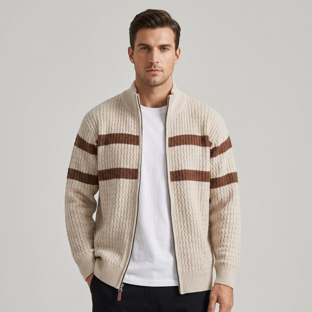 Stand Collar Cable Knit Full-Zip Cardigan Sweater for Men - Beige