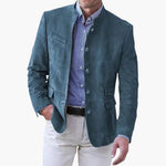 Stand Collar Suede Blazer for Men - Blue