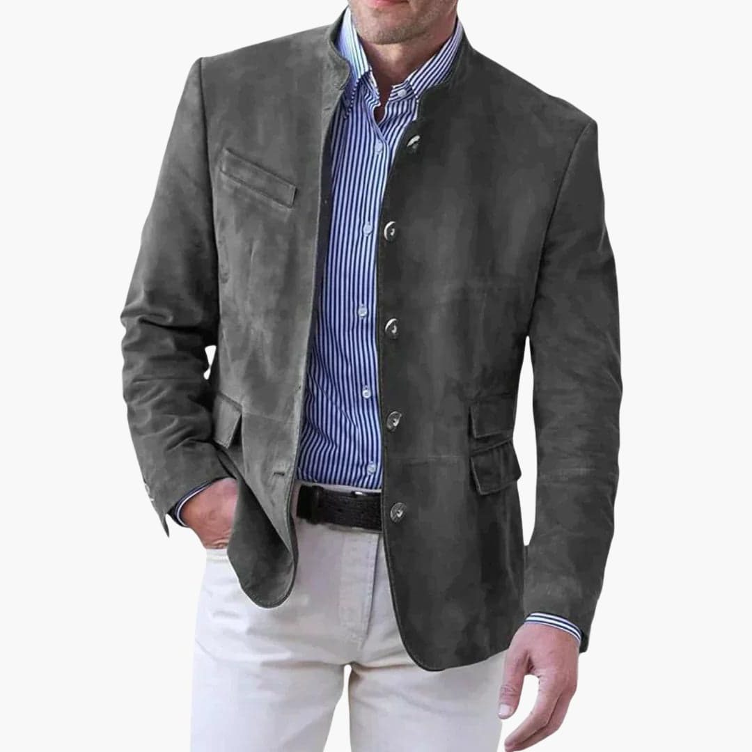 Stand Collar Suede Blazer for Men - Gray