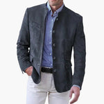 Stand Collar Suede Blazer for Men - Navy