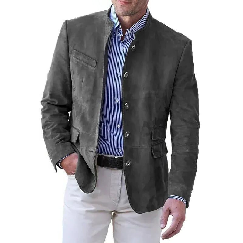 Stand Collar Five-Button Suede-Effect Blazer for Men - Gray