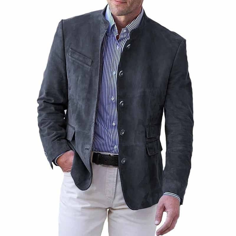 Stand Collar Five-Button Suede-Effect Blazer for Men - Dark Gray