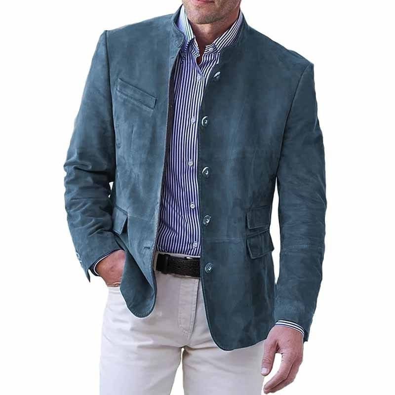 Stand Collar Five-Button Suede-Effect Blazer for Men - Navy Blue