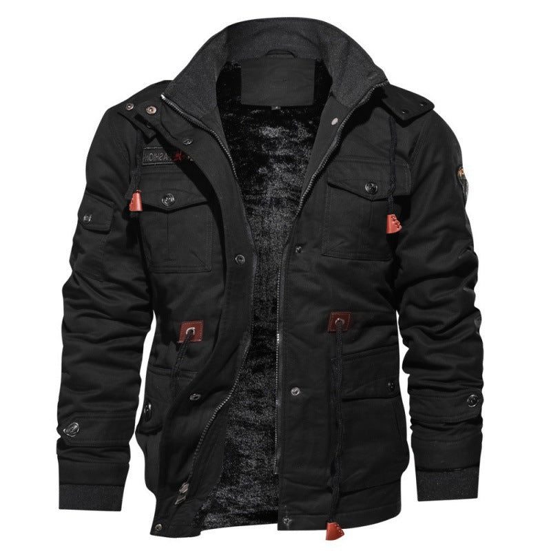 Stand Collar Fleece Lined Winter Jacket with Cargo Pockets for Men