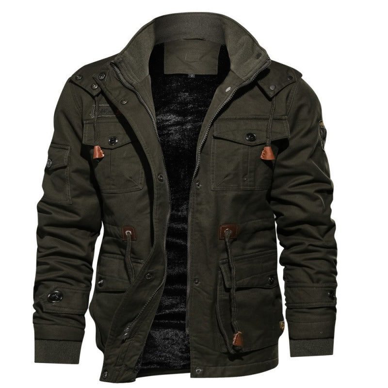 Stand Collar Fleece Lined Winter Jacket with Cargo Pockets for Men - Green