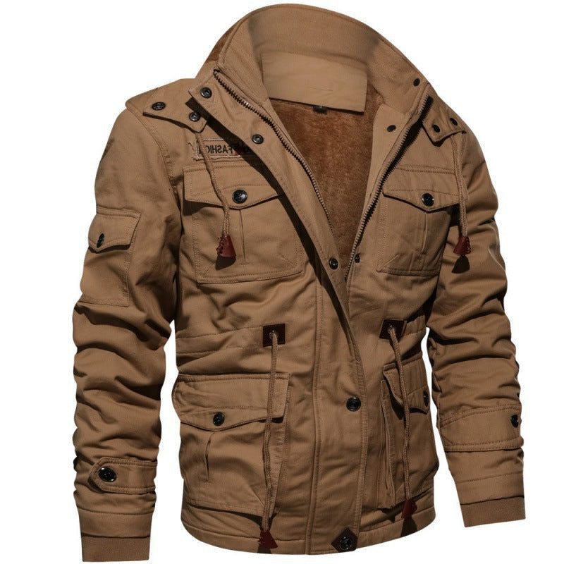 Stand Collar Fleece Lined Winter Jacket with Cargo Pockets for Men - Khaki