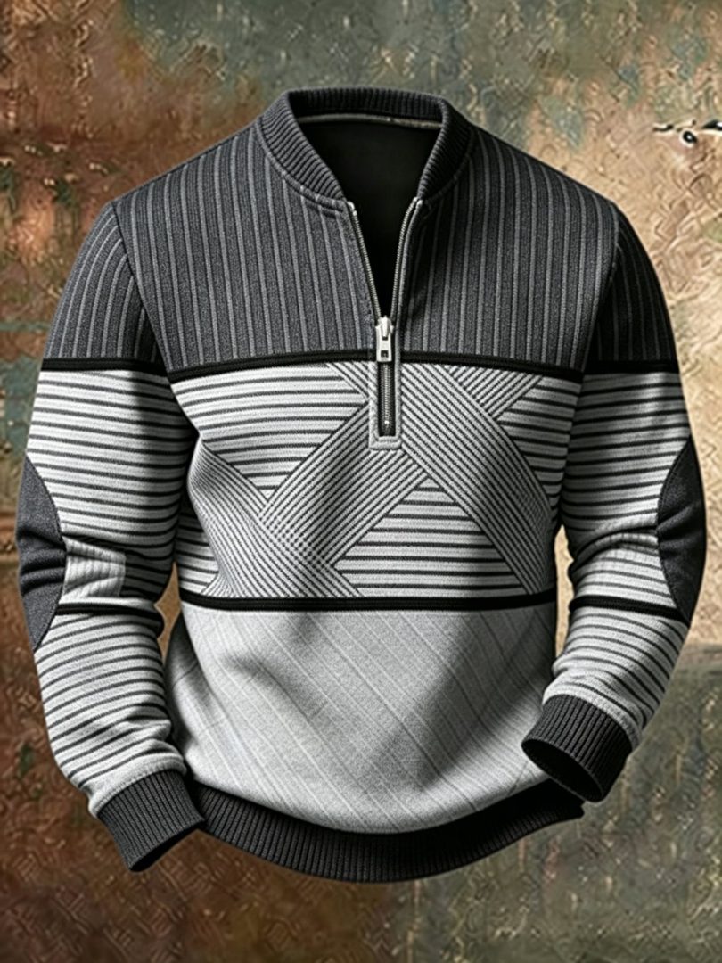 Stand Collar Half-Zip Long Sleeve Pullover Sweater for Men - Grey