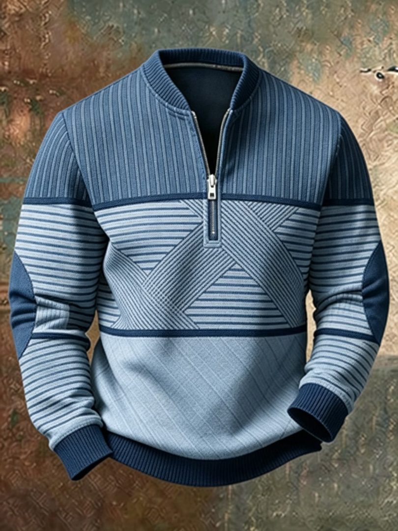 Stand Collar Half-Zip Long Sleeve Pullover Sweater for Men - Blue