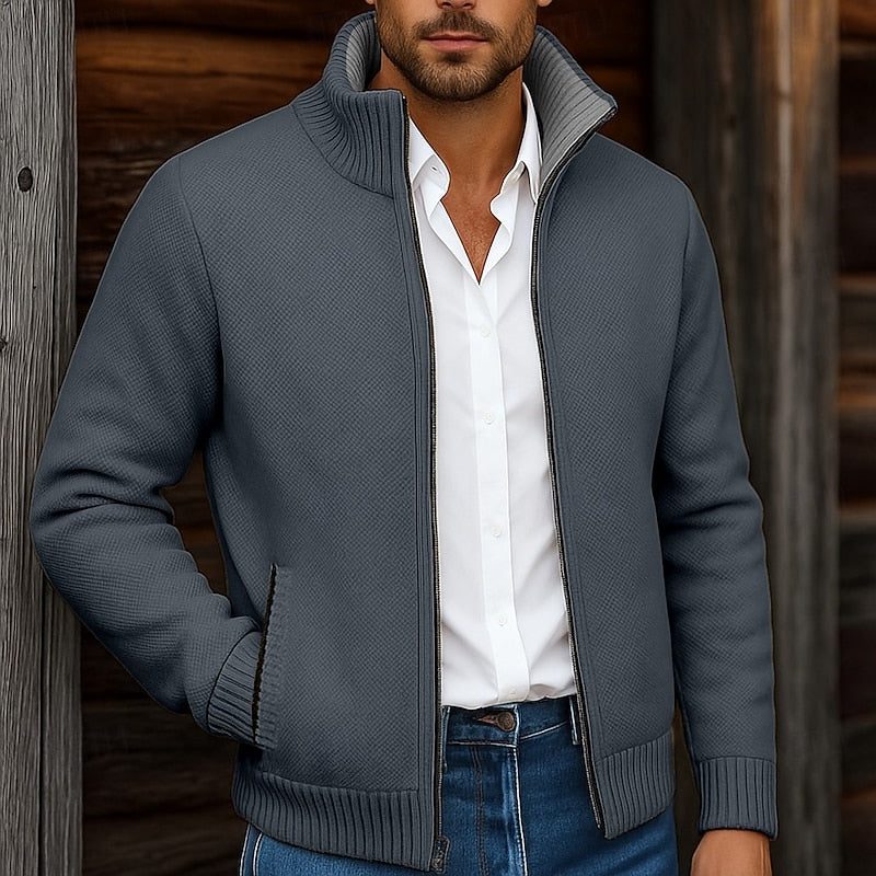 Stand Collar Knit Cardigan Sweater with Pockets for Men - Navy Blue