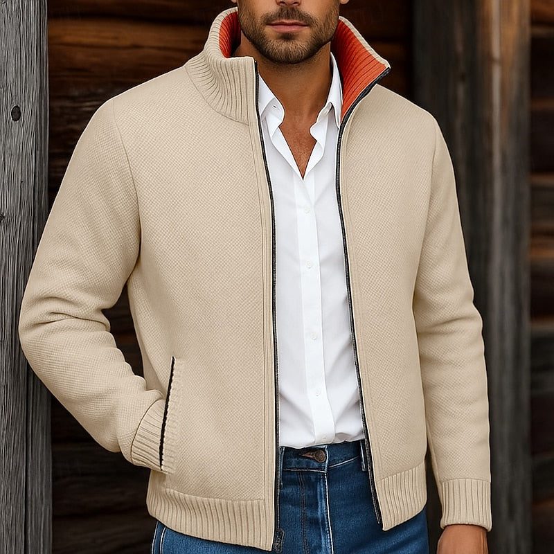 Stand Collar Knit Cardigan Sweater with Pockets for Men - Khaki