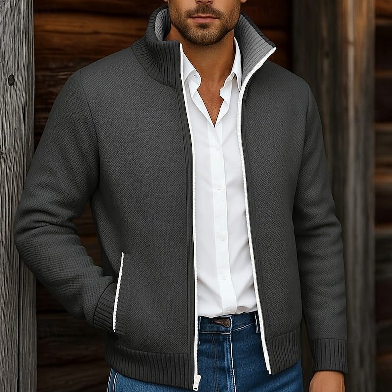 Stand Collar Knit Cardigan Sweater with Pockets for Men - Black