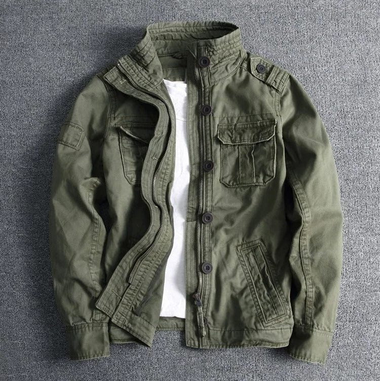 Stand Collar Military Field Jacket with Flap Pockets for Men - Green