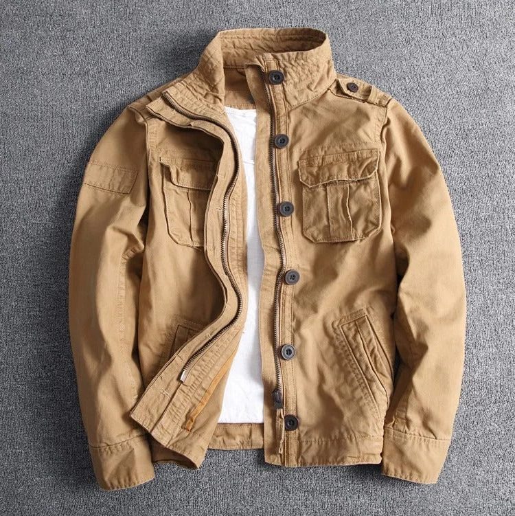 Stand Collar Military Field Jacket with Flap Pockets for Men - Khaki