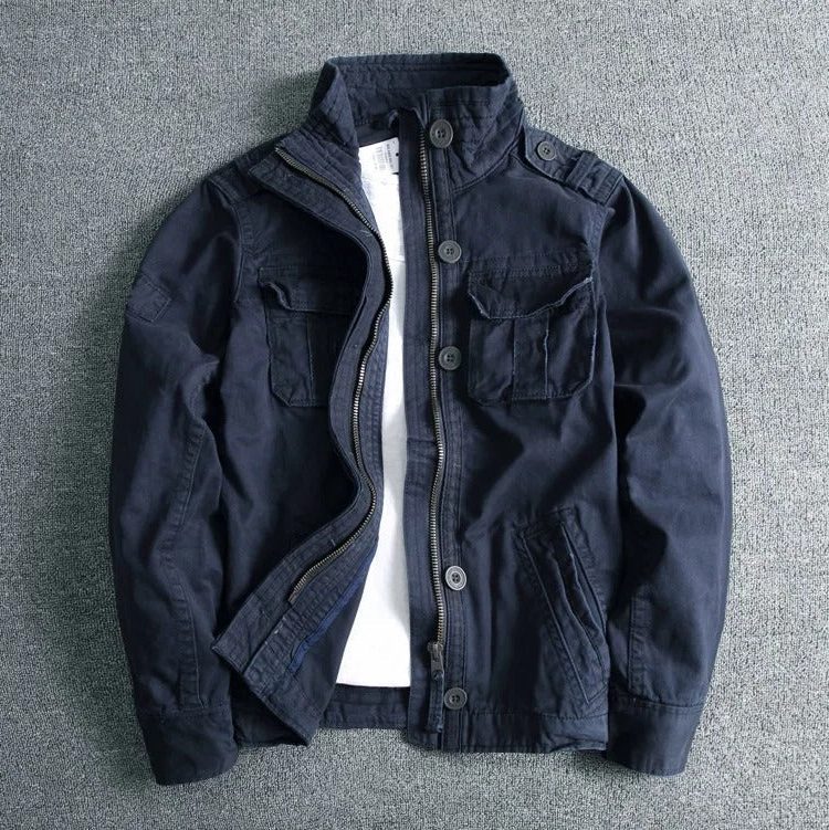 Stand Collar Military Field Jacket with Flap Pockets for Men - Blue