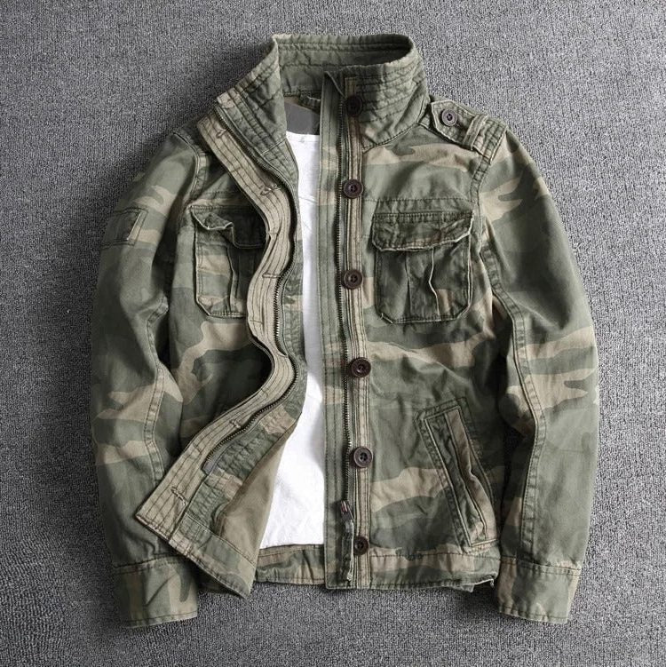 Stand Collar Military Field Jacket with Flap Pockets for Men - Pale Blue