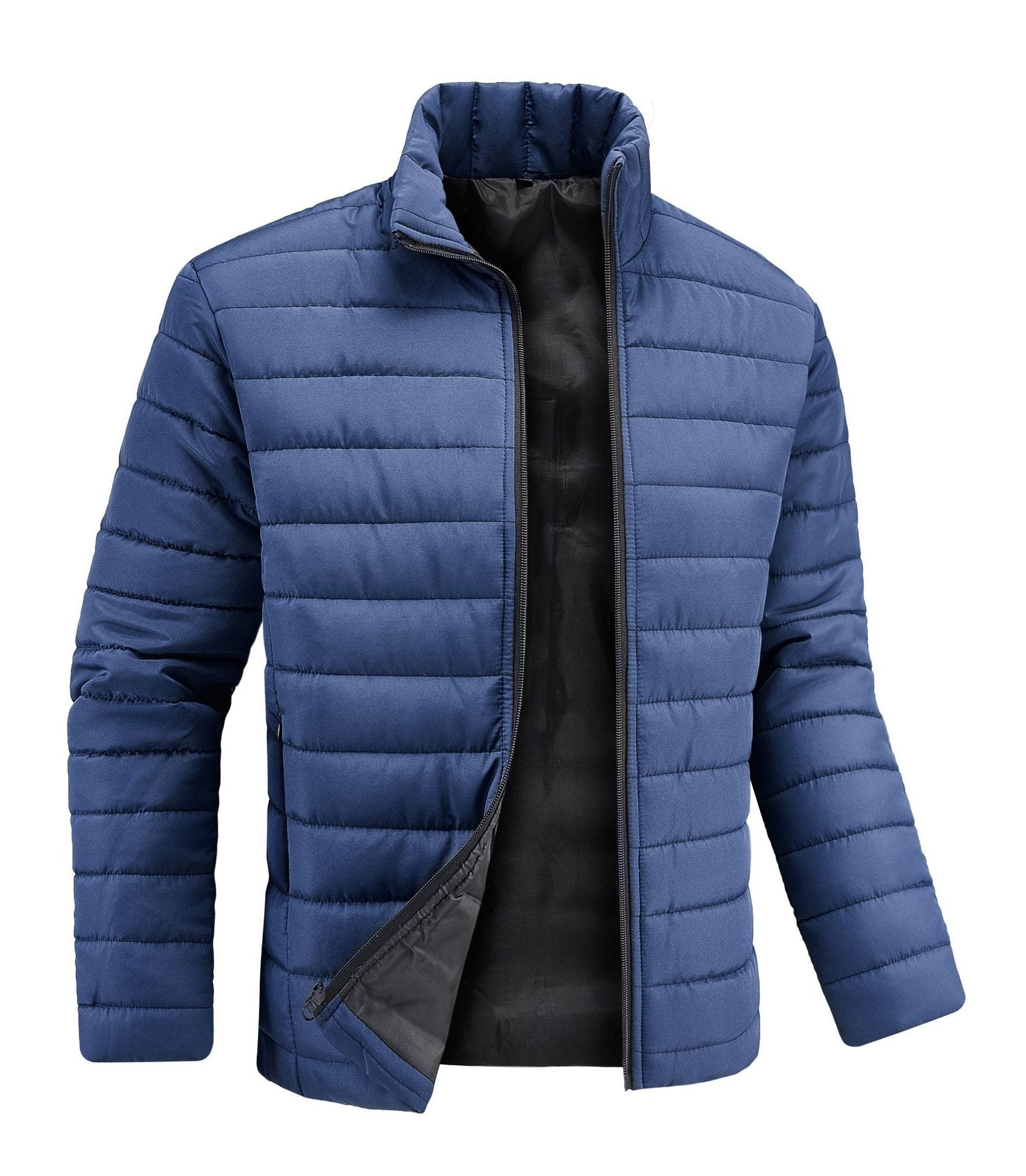 Stand Collar Quilted Winter Puffer Jacket with Full Zip for Men - Navy Blue