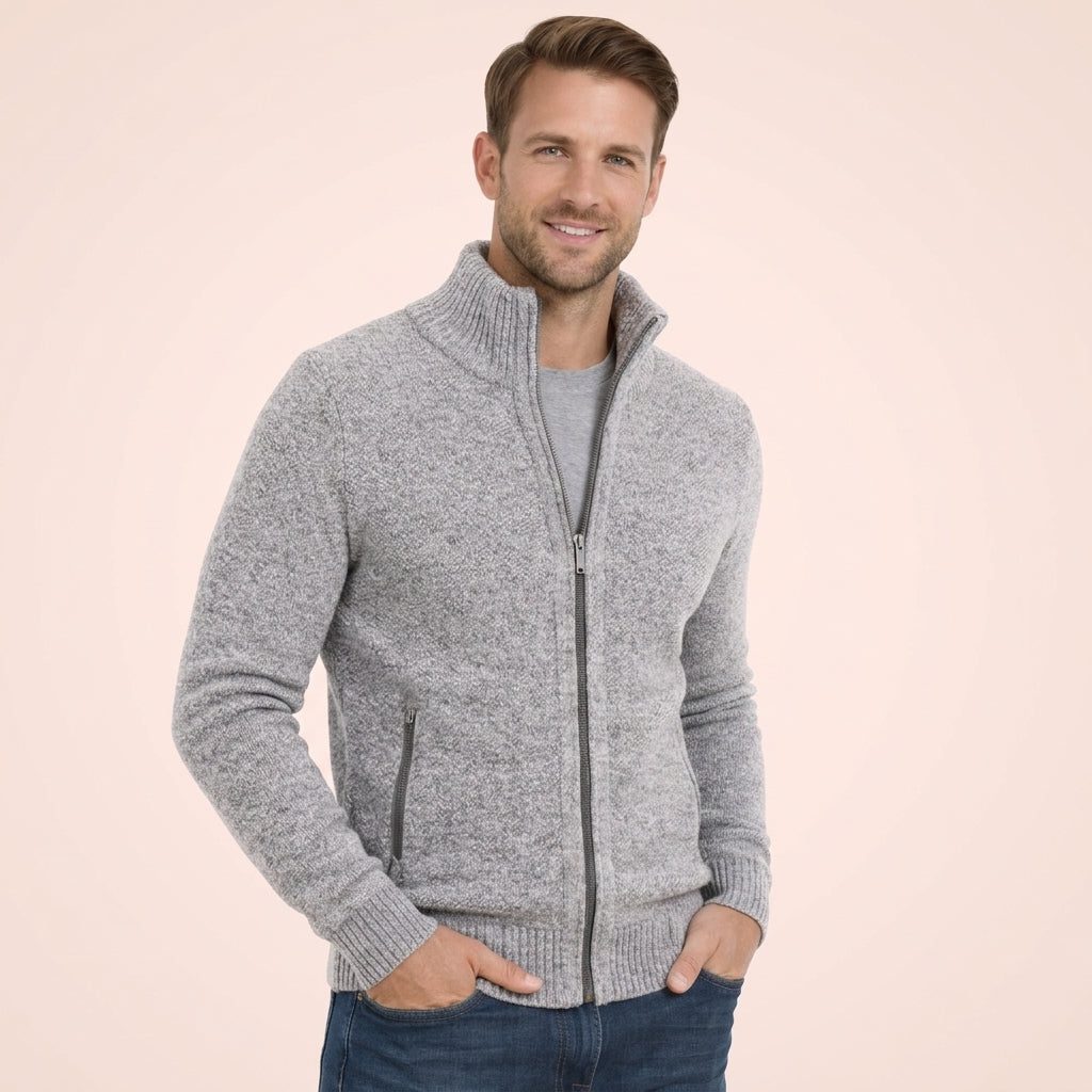 Stand Collar Ribbed Knit Merino Wool Zip-Up Cardigan for Men - Gray