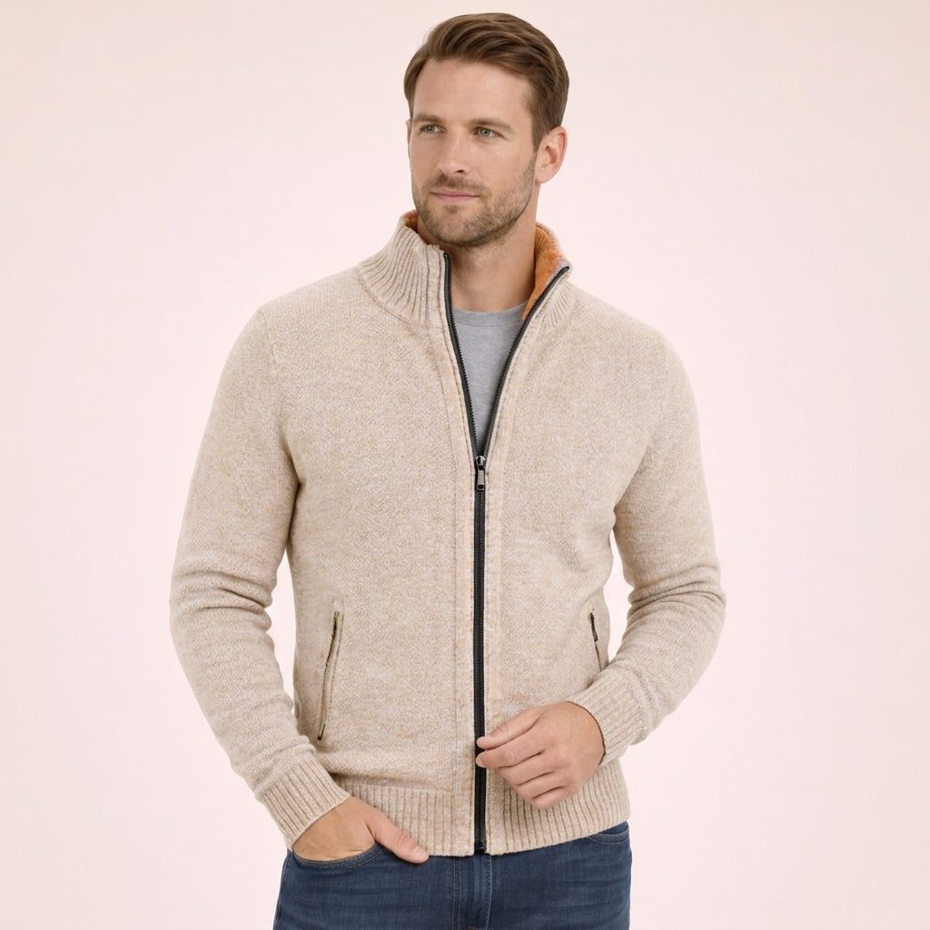 Stand Collar Ribbed Knit Merino Wool Zip-Up Cardigan for Men - Cream