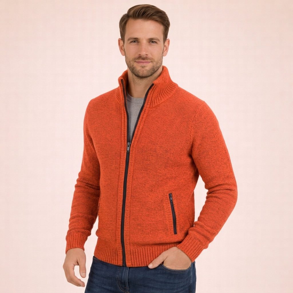 Stand Collar Ribbed Knit Merino Wool Zip-Up Cardigan for Men - Orange
