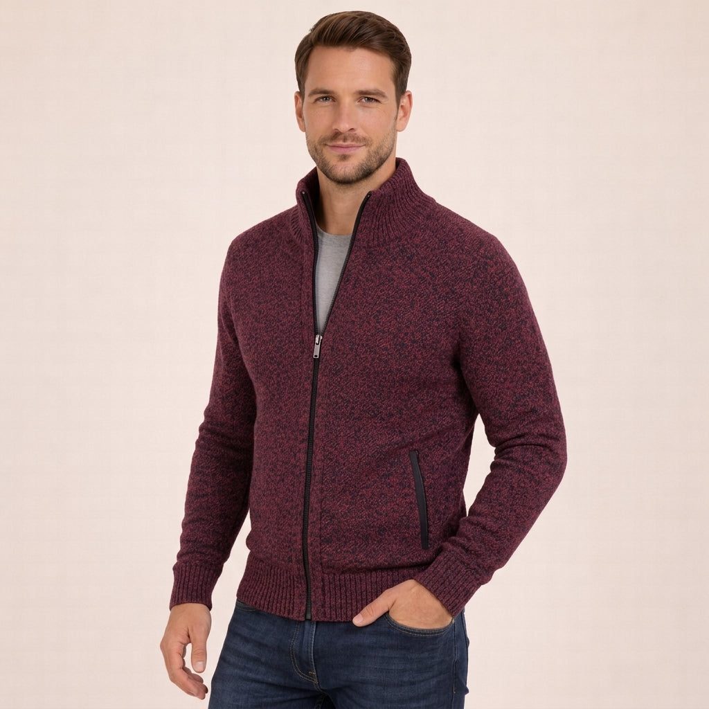 Stand Collar Ribbed Knit Merino Wool Zip-Up Cardigan for Men - Burgundy