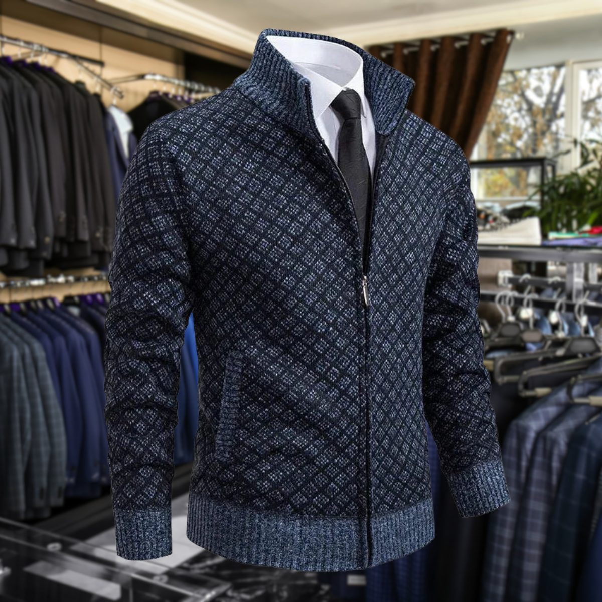 Diamond Pattern Knit Zip-Up Cardigan with Stand Collar for Men