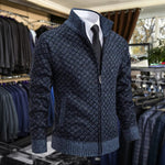 Diamond Pattern Knit Zip-Up Cardigan with Stand Collar for Men
