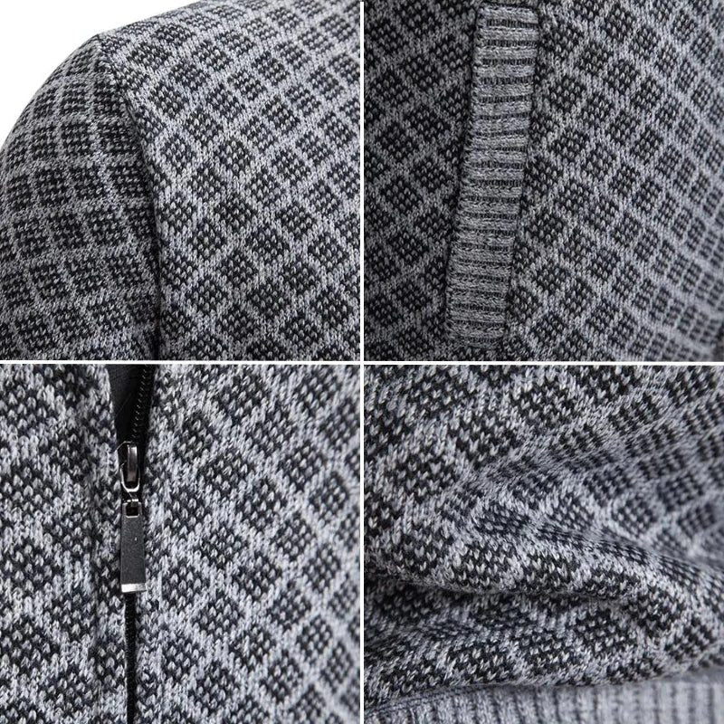 Diamond Pattern Knit Zip-Up Cardigan with Stand Collar for Men
