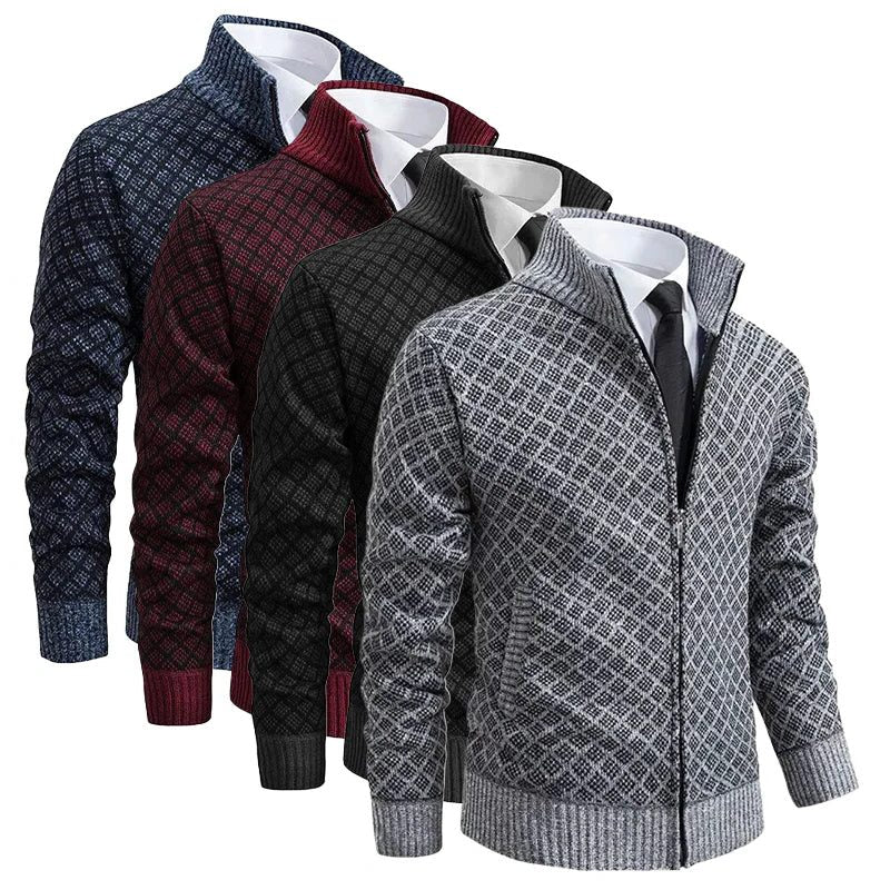 Diamond Pattern Knit Zip-Up Cardigan with Stand Collar for Men