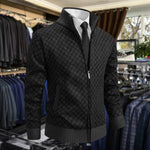 Diamond Pattern Knit Zip-Up Cardigan with Stand Collar for Men