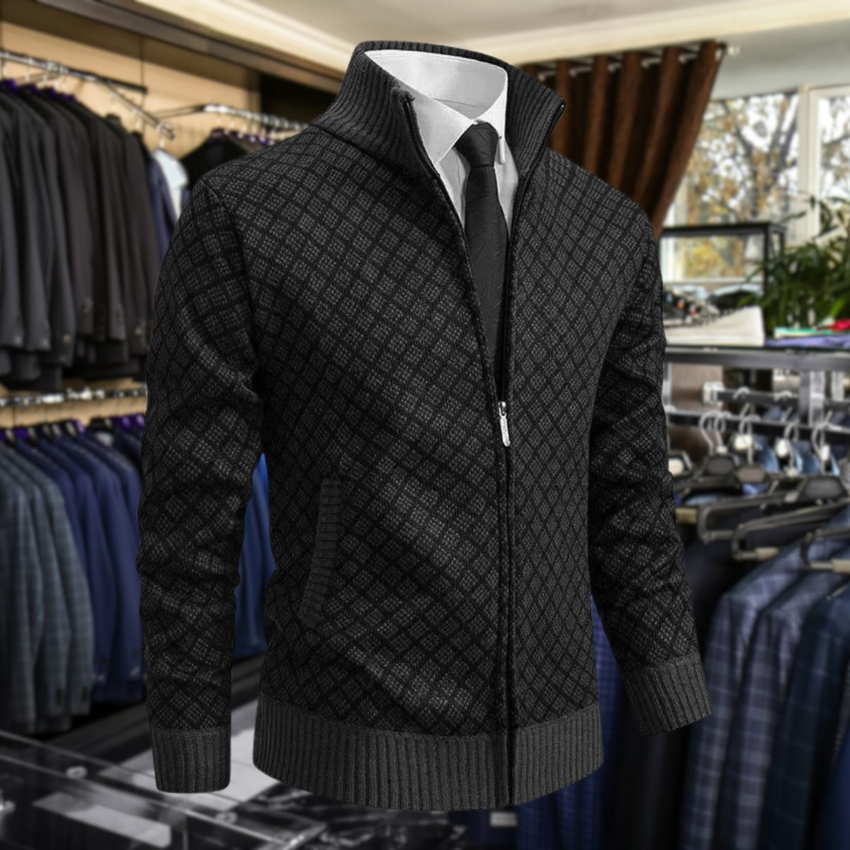 Diamond Pattern Knit Zip-Up Cardigan with Stand Collar for Men