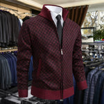 Diamond Pattern Knit Zip-Up Cardigan with Stand Collar for Men